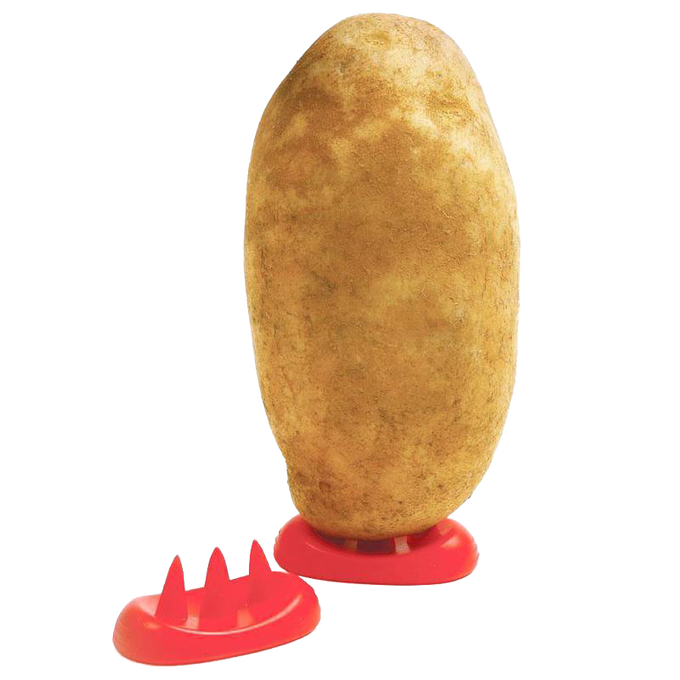 Rust-colored potato balanced upright on red plastic potato feet, designed for even cooking in microwave, featured in Kitchen & Food, Kitchen Gadgets, and Best Sellers collections.