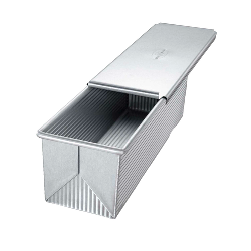 Handcrafted heavy-duty aluminized steel loaf pan with sliding lid for even heat distribution and consistent bread baking, featured in Kitchen & Food, Cookware, and Baking Supplies collections.