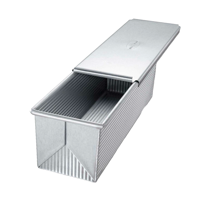 Handcrafted heavy-duty aluminized steel loaf pan with sliding lid for even heat distribution and consistent bread baking, featured in Kitchen & Food, Cookware, and Baking Supplies collections.