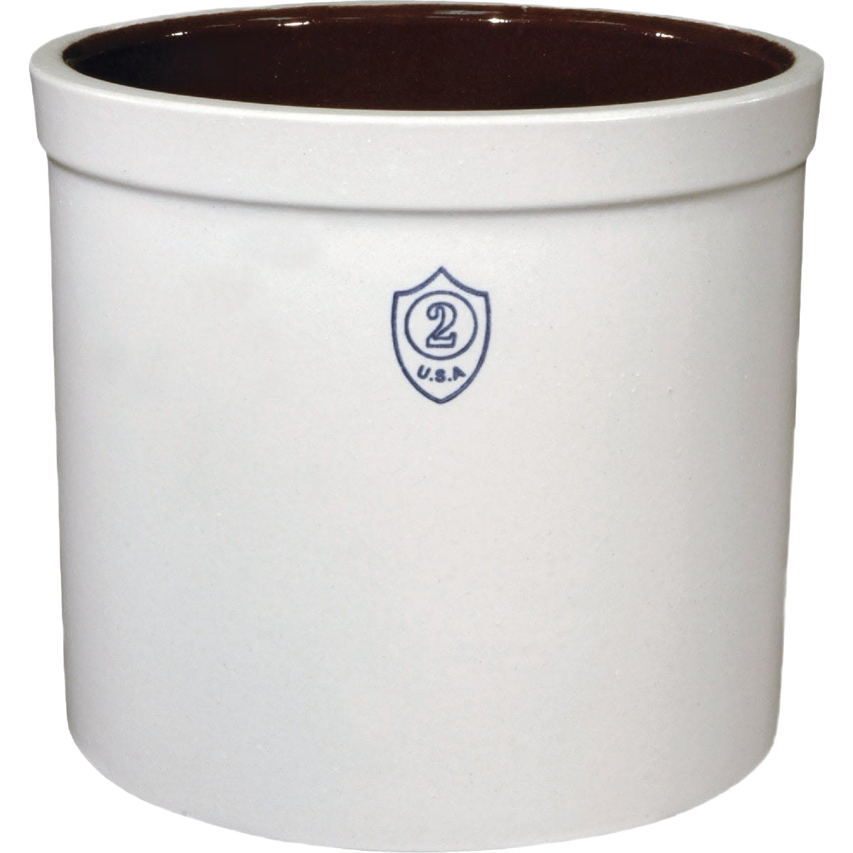 White stoneware crock with brown glazed interior and a stamped number 2 on the front, handcrafted and made in USA, ideal for pickling and food preservation.