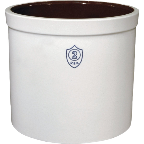 White stoneware crock with brown glazed interior and a stamped number 2 on the front, handcrafted and made in USA, ideal for pickling and food preservation.