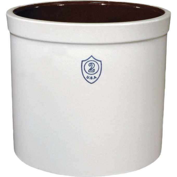 White stoneware crock with brown glazed interior and a stamped number 2 on the front, handcrafted and made in USA, ideal for pickling and food preservation.