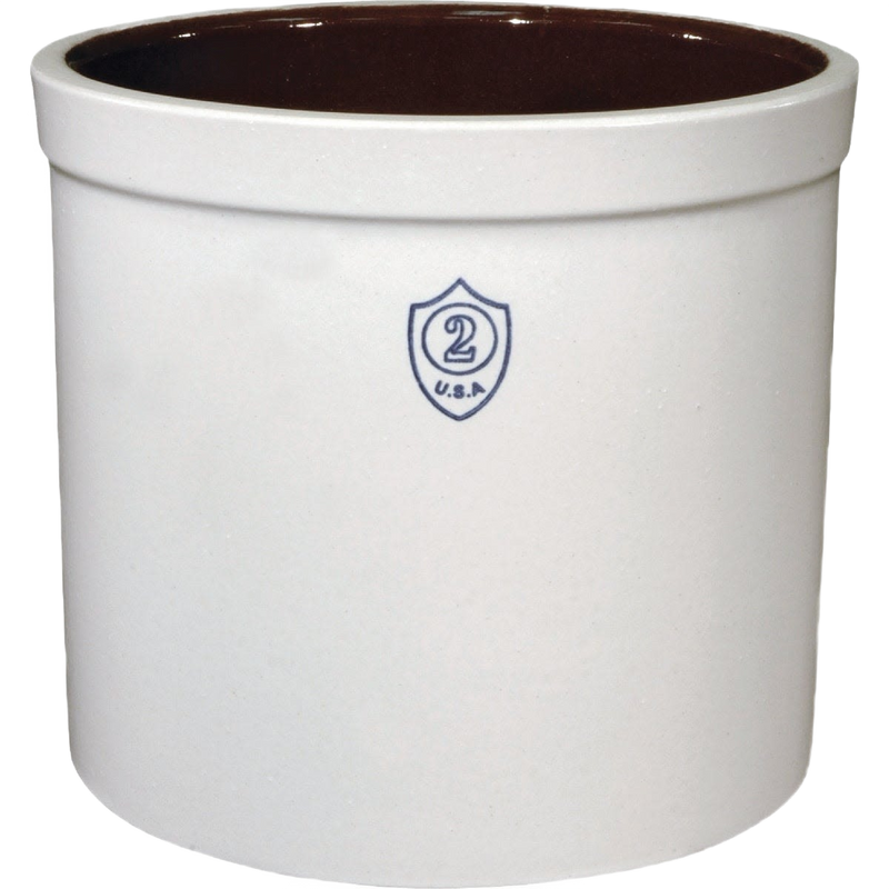 White stoneware crock with brown glazed interior and a stamped number 2 on the front, handcrafted and made in USA, ideal for pickling and food preservation.