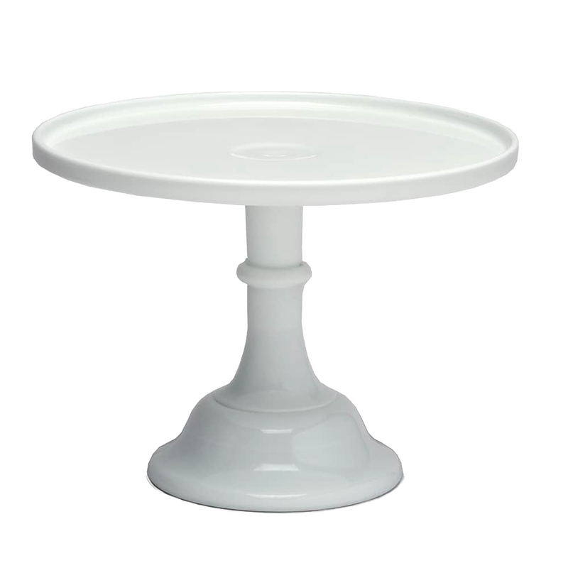 Elegant white glass pedestal cake stand with a classic design, handcrafted in the USA, perfect for Kitchen & Food, Dinnerware, Baking Supplies, and Storage and Serving collections.