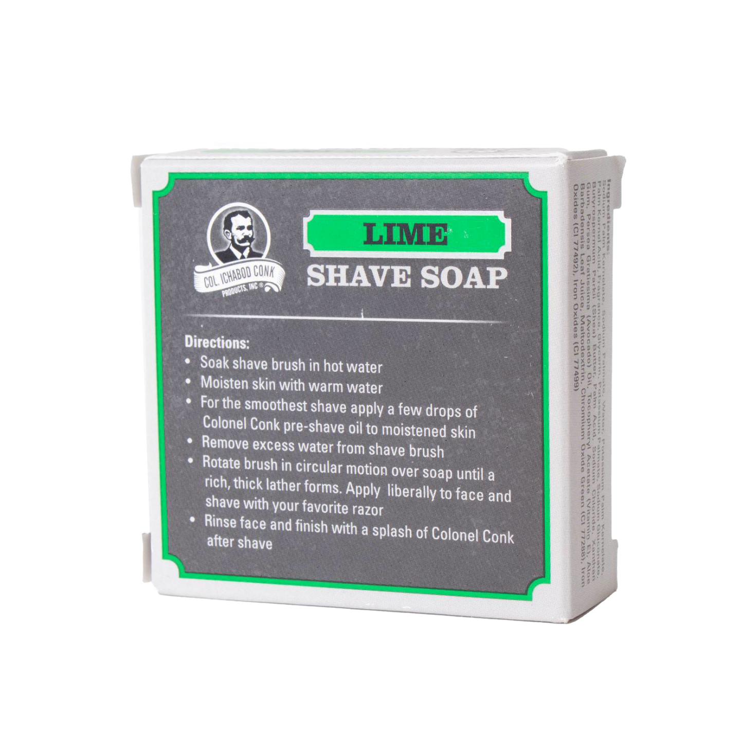 Boxed lime shaving soap with usage instructions on the label, featuring soothing ingredients for a rich lather, handcrafted in USA, part of Health & Wellness, Grooming and Personal Hygiene, Soaps and Soapmaking, USA Made, Best Sellers, and Promo Eligible collections.