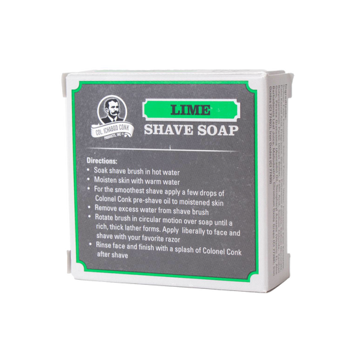 Boxed lime shaving soap with usage instructions on the label, featuring soothing ingredients for a rich lather, handcrafted in USA, part of Health & Wellness, Grooming and Personal Hygiene, Soaps and Soapmaking, USA Made, Best Sellers, and Promo Eligible collections.