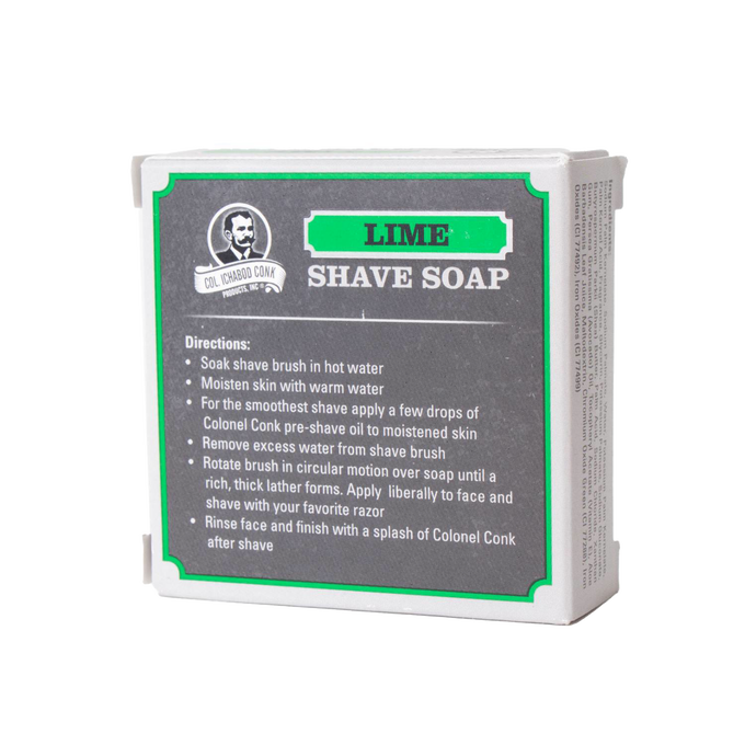 Boxed lime shaving soap with usage instructions on the label, featuring soothing ingredients for a rich lather, handcrafted in USA, part of Health & Wellness, Grooming and Personal Hygiene, Soaps and Soapmaking, USA Made, Best Sellers, and Promo Eligible collections.