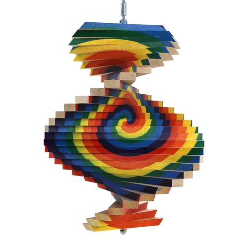 Handcrafted wooden spiral wind spinner with vibrant multi-colored tie dye design, made in USA, perfect for Home & Decor, Garden Accessories, Farm, Garden & Tool, and Best Sellers collections.