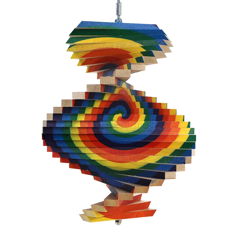 Handcrafted wooden spiral wind spinner with vibrant multi-colored tie dye design, made in USA, perfect for Home & Decor, Garden Accessories, Farm, Garden & Tool, and Best Sellers collections.