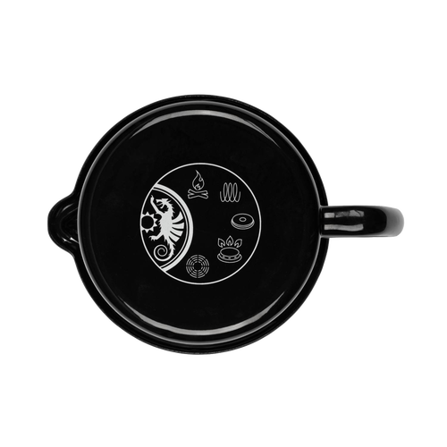 Top-down view of a black enameled steel milk pot featuring white printed icons for campfire, stovetop, and coffee cup, designed for outdoor and kitchen use in camping, cookware, and best sellers collections.