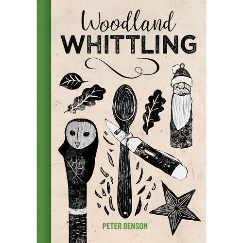 Cover of a whittling guidebook featuring rustic black and white illustrations of a carved owl, spoon, Santa figure, leaves, star, and knife, with green spine and author name, part of Toys, Books & Games and Home and Garden How-To Books collections.