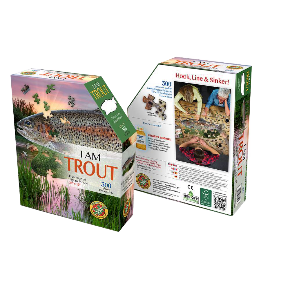 Box set of a shaped trout jigsaw puzzle with 300 pieces, featuring educational facts and vibrant aquatic imagery, ideal for children’s toys and puzzle collections.