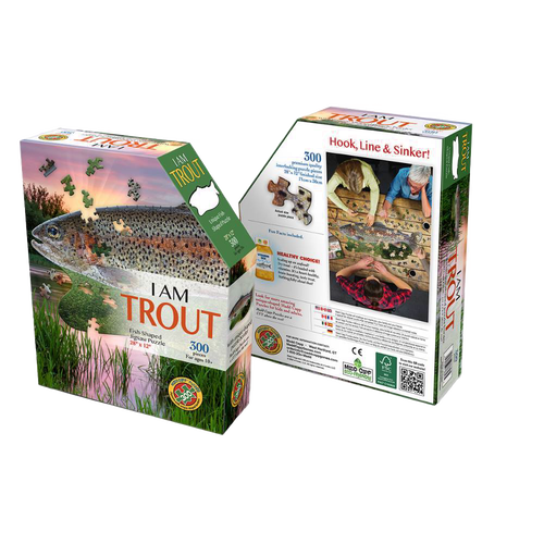 Box set of a shaped trout jigsaw puzzle with 300 pieces, featuring educational facts and vibrant aquatic imagery, ideal for children’s toys and puzzle collections.
