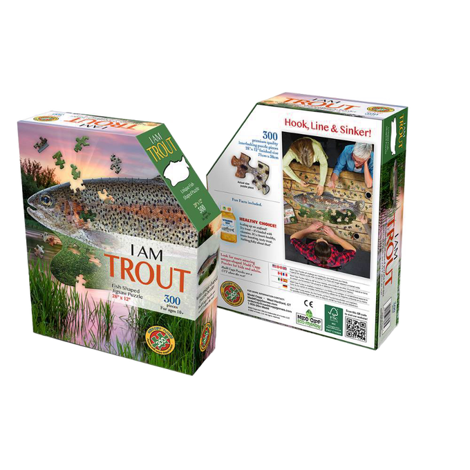 Box set of a shaped trout jigsaw puzzle with 300 pieces, featuring educational facts and vibrant aquatic imagery, ideal for children’s toys and puzzle collections.