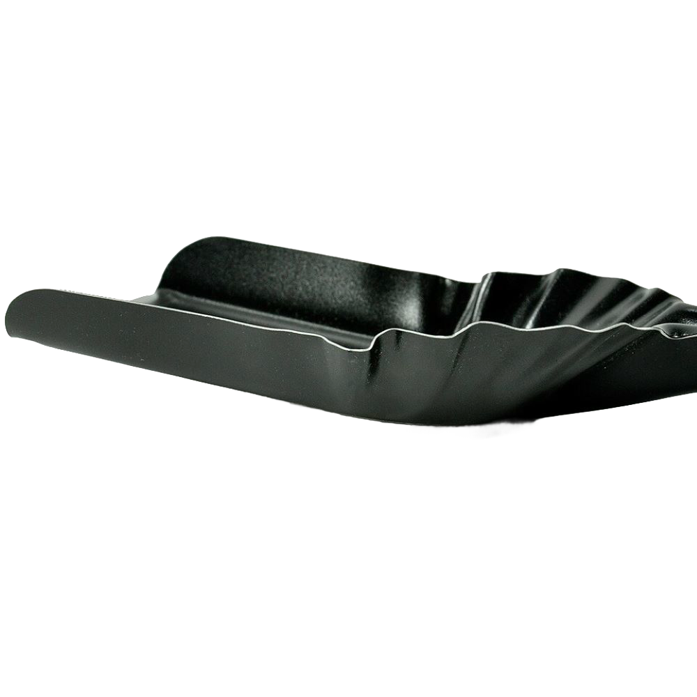 Wide black steel ash shovel with scalloped edges and ergonomic design, handcrafted in USA, ideal for Stoves, Hearth Accessories, Digging and Cultivating, and Best Sellers collections.