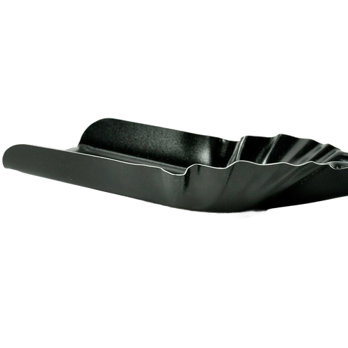 Wide black steel ash shovel with scalloped edges and ergonomic design, handcrafted in USA, ideal for Stoves, Hearth Accessories, Digging and Cultivating, and Best Sellers collections.