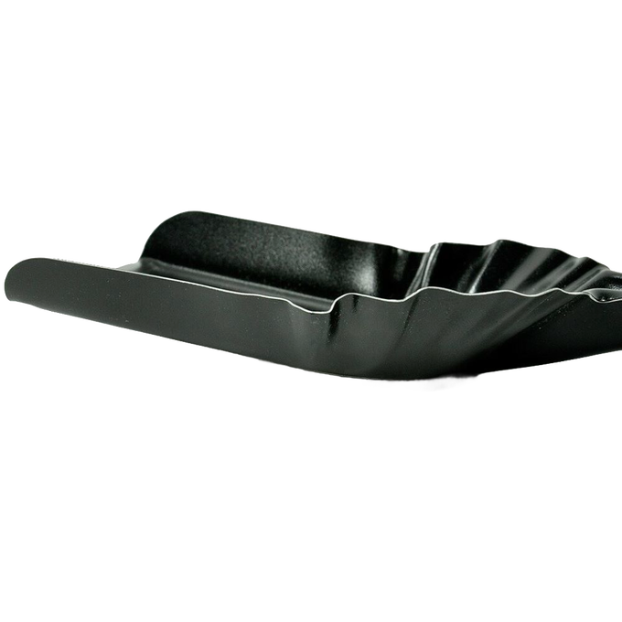 Wide black steel ash shovel with scalloped edges and ergonomic design, handcrafted in USA, ideal for Stoves, Hearth Accessories, Digging and Cultivating, and Best Sellers collections.