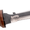 Close-up of a handcrafted steel garden knife blade with serrated edge and wooden handle, featuring Lehman's logo, designed for Farm, Garden & Tool and Digging collections.