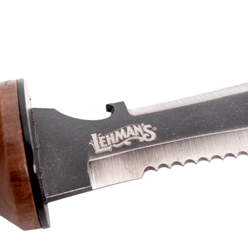 Close-up of a handcrafted steel garden knife blade with serrated edge and wooden handle, featuring Lehman's logo, designed for Farm, Garden & Tool and Digging collections.