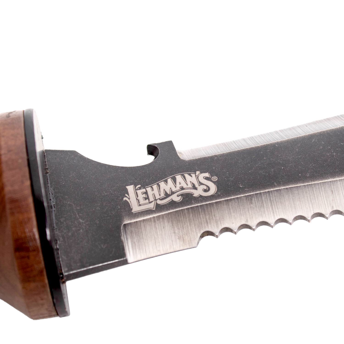 Close-up of a handcrafted steel garden knife blade with serrated edge and wooden handle, featuring Lehman's logo, designed for Farm, Garden & Tool and Digging collections.