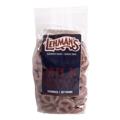 Resealable bag of handcrafted 14-ounce milk chocolate covered pretzels, made in USA, a delicious snack perfect for Kitchen & Food, Snacks and Sweets, Candy, USA Made, Best Sellers, and Promo Eligible collections.