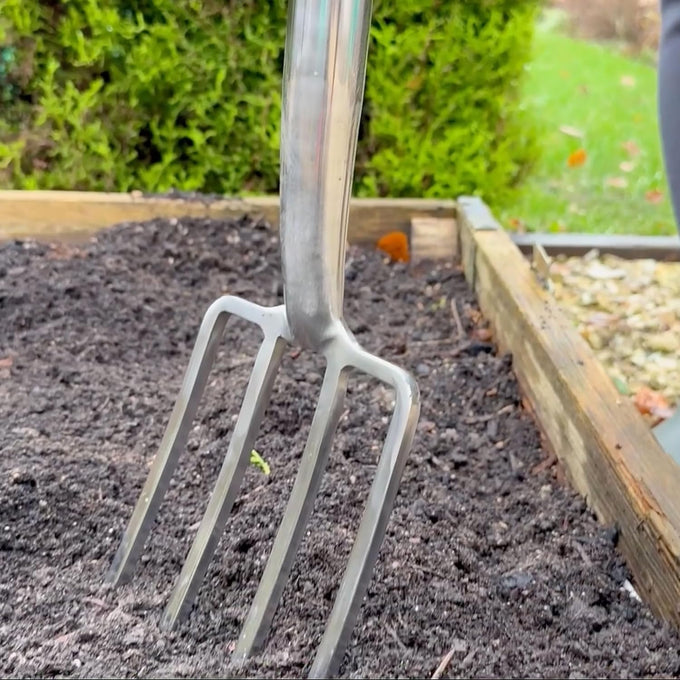 Stainless steel border fork with narrow, sturdy tines designed for easy soil turning in confined garden spaces, featured in Farm, Garden & Tool and Digging and Cultivating collections.