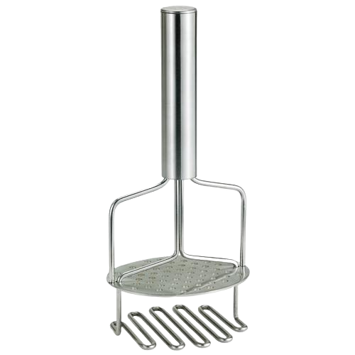 Stainless steel dual-function potato masher and ricer with spring-loaded handle, designed for smooth, lump-free mashed potatoes; featured in Kitchen & Food and Best Sellers collections.
