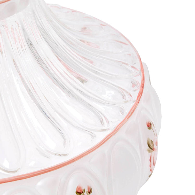 Delicately handcrafted glass oil lamp shade with pink rose pattern and scalloped pink rim, designed for use in Lamps & Lighting, Lamp Shades, and Parts and Accessories collections.
