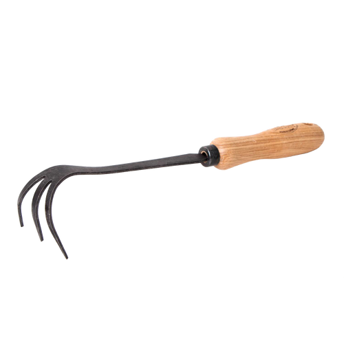 Handcrafted garden cultivator with a durable steel three-pronged head and smooth wooden handle, designed for aerating soil and weeding, featured in Farm, Garden & Tool and Digging and Cultivating collections.