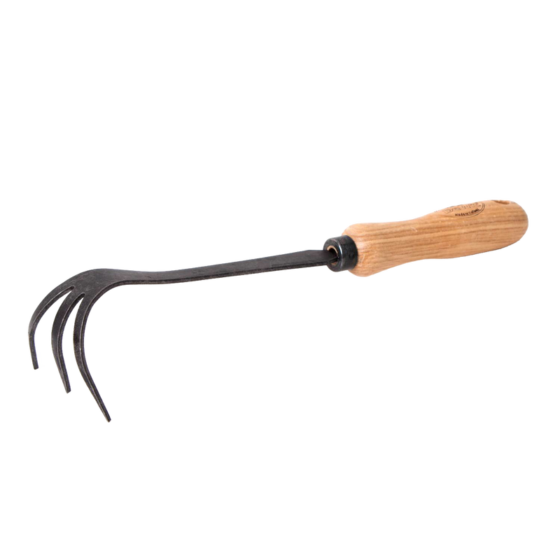 Handcrafted garden cultivator with a durable steel three-pronged head and smooth wooden handle, designed for aerating soil and weeding, featured in Farm, Garden & Tool and Digging and Cultivating collections.