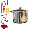 Stainless steel water bath canner with glass lid and five essential red-handled canning tools including tongs, funnel, jar lifter, and sponge for food preservation and kitchen use.