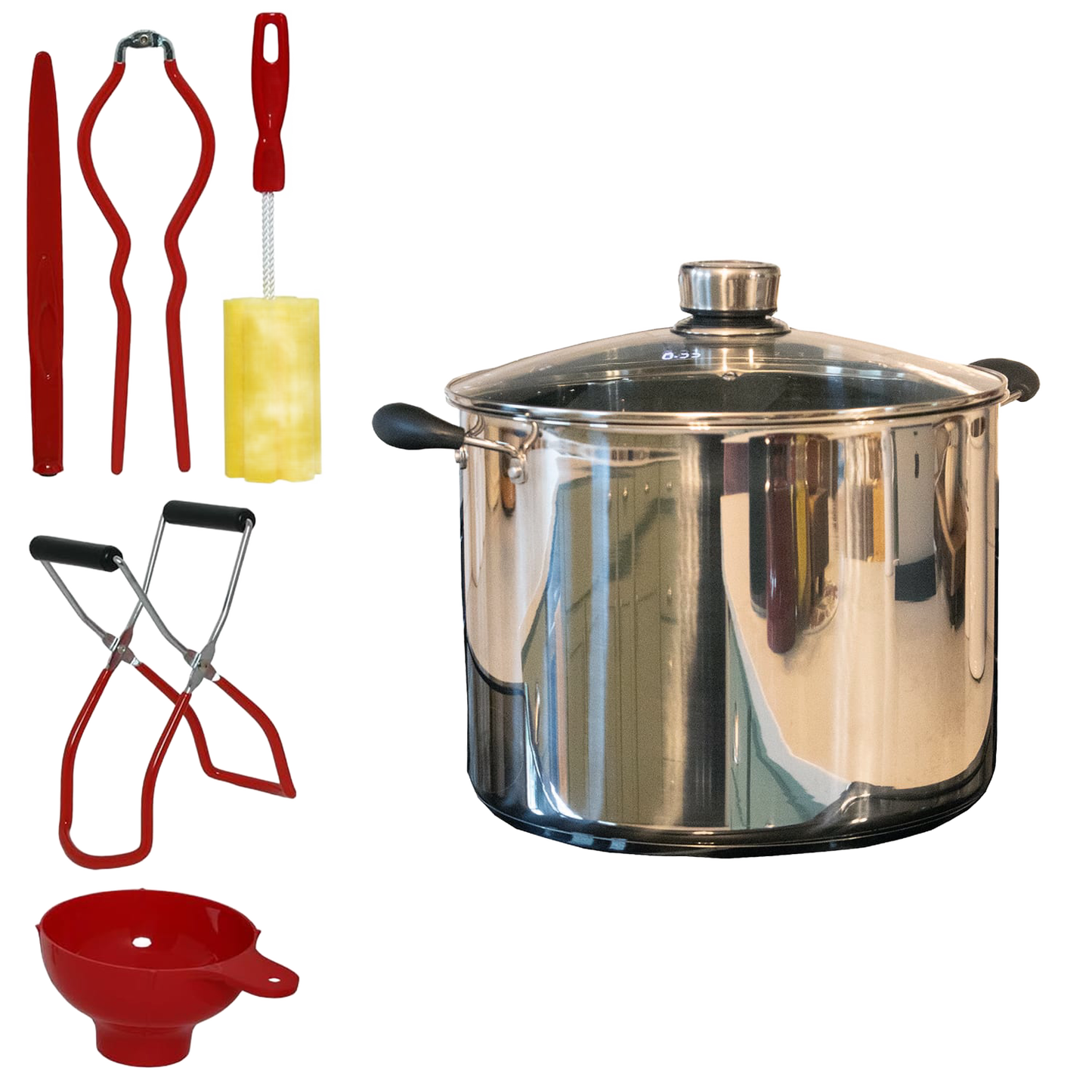 Stainless steel water bath canner with glass lid and five essential red-handled canning tools including tongs, funnel, jar lifter, and sponge for food preservation and kitchen use.