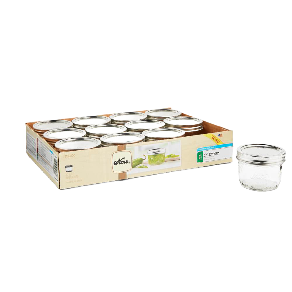 Set of twelve clear glass half-pint wide mouth canning jars with silver lids in a box, made in USA, ideal for food preservation and crafts in Kitchen & Food and Canning collections.