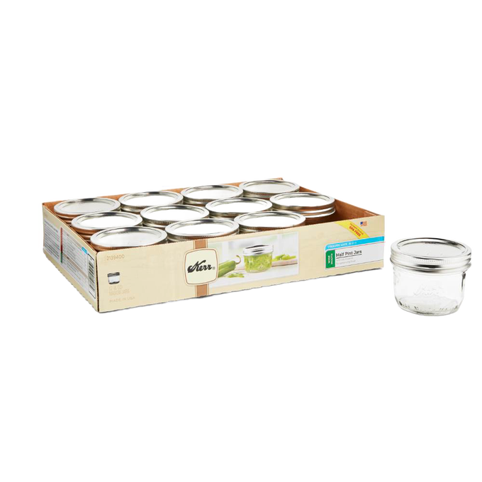 Set of twelve clear glass half-pint wide mouth canning jars with silver lids in a box, made in USA, ideal for food preservation and crafts in Kitchen & Food and Canning collections.