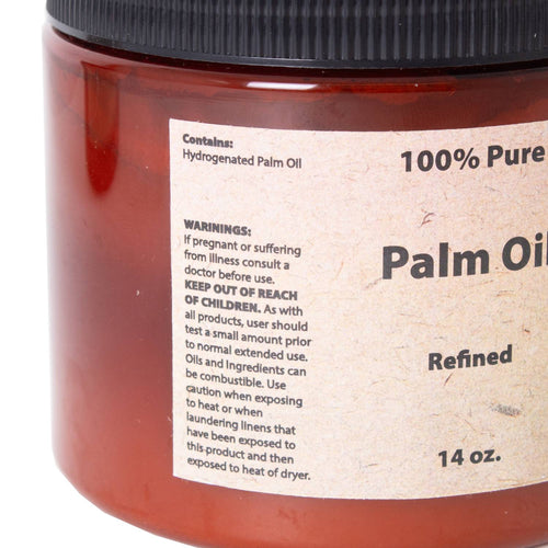Amber-colored 14-ounce container of refined pure palm oil with warning label, ideal for soapmaking and featured in Health & Wellness and Soapmaking Supplies collections.