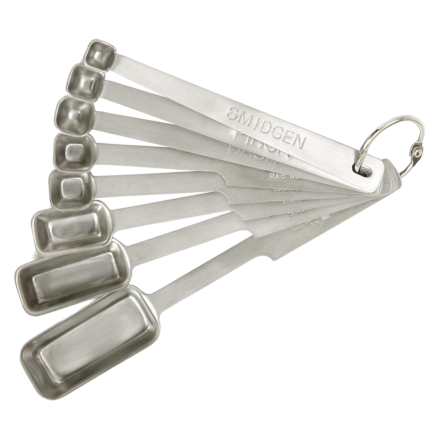 Set of eight stainless steel measuring spoons with elongated deep bowls, including smidgen, pinch, and dash sizes, designed for precise kitchen use in baking and food prep collections.