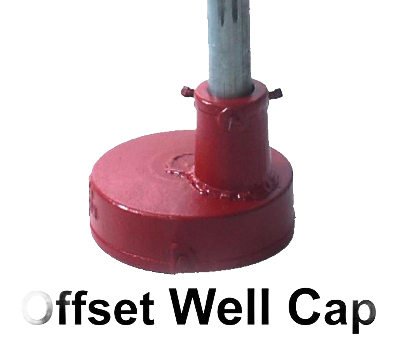 Handcrafted red offset well cap with metal pipe attachment, designed for durable use in USA made water pumps, deep well pumps, and agricultural appliance collections.