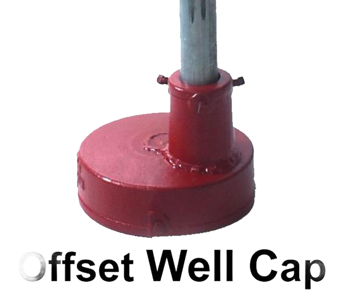 Handcrafted red offset well cap with metal pipe attachment, designed for durable use in USA made water pumps, deep well pumps, and agricultural appliance collections.