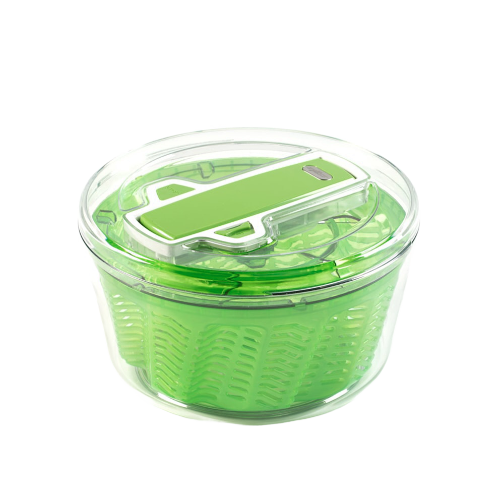 Large green and clear salad spinner with a locking handle and contoured basket, designed for efficient drying and stability, ideal for Kitchen & Food and Best Sellers collections.