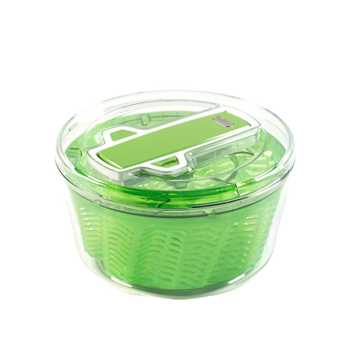 Large green and clear salad spinner with a locking handle and contoured basket, designed for efficient drying and stability, ideal for Kitchen & Food and Best Sellers collections.