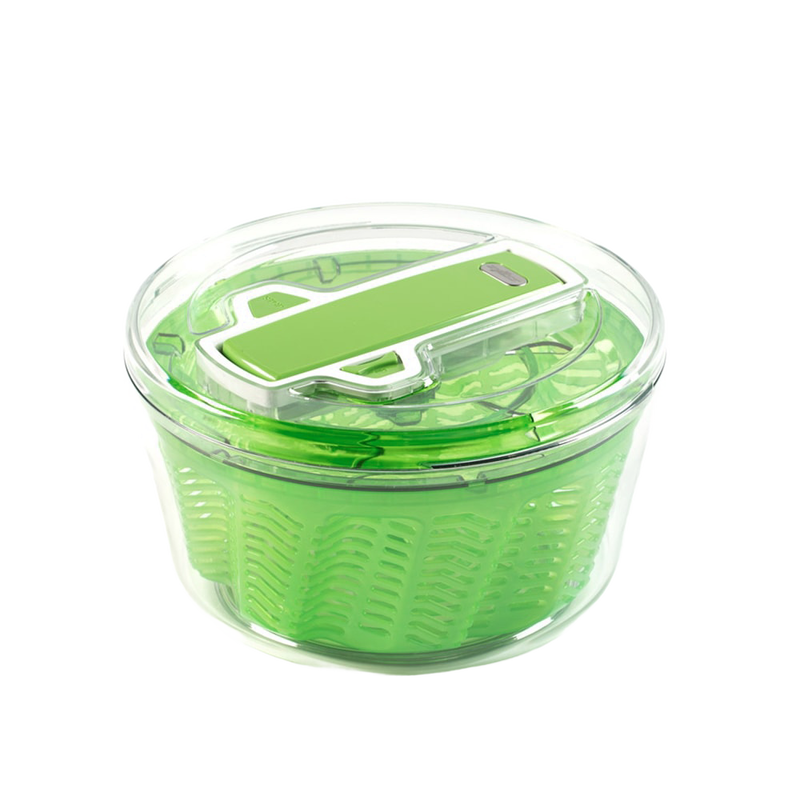 Large green and clear salad spinner with a locking handle and contoured basket, designed for efficient drying and stability, ideal for Kitchen & Food and Best Sellers collections.
