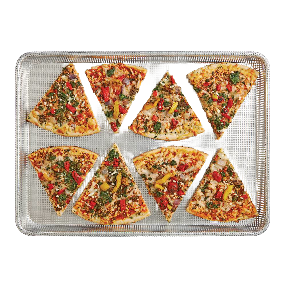 Half size perforated non-stick crisp pan displaying eight colorful vegetable-topped pizza slices, designed for even air circulation; featured in Kitchen & Food, Cookware, Baking Supplies, Best Sellers, and Promo Eligible collections.