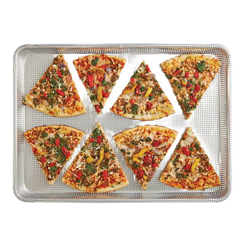 Half size perforated non-stick crisp pan displaying eight colorful vegetable-topped pizza slices, designed for even air circulation; featured in Kitchen & Food, Cookware, Baking Supplies, Best Sellers, and Promo Eligible collections.