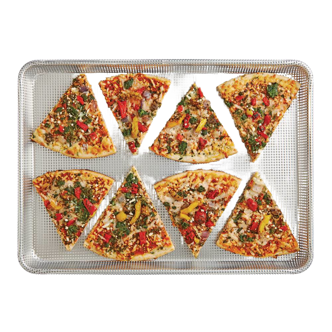 Half size perforated non-stick crisp pan displaying eight colorful vegetable-topped pizza slices, designed for even air circulation; featured in Kitchen & Food, Cookware, Baking Supplies, Best Sellers, and Promo Eligible collections.