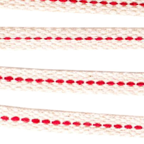 Close-up of high-quality flat cotton wicks with red stitching designed for efficient fuel delivery and clean burning in oil lamps, ideal for emergency supplies and garden lighting.