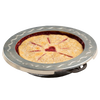 Round aluminum pie crust shield with scalloped edge placed on a pie to prevent crust burning, fits 10-inch pies, ideal for Kitchen & Food, Baking Supplies, and Cooking Helpers collections.