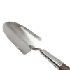 Mirror-polished stainless steel garden trowel head with twisted metal neck and weatherproofed wooden handle, crafted for digging and soil turning in Farm, Garden & Tool collections.