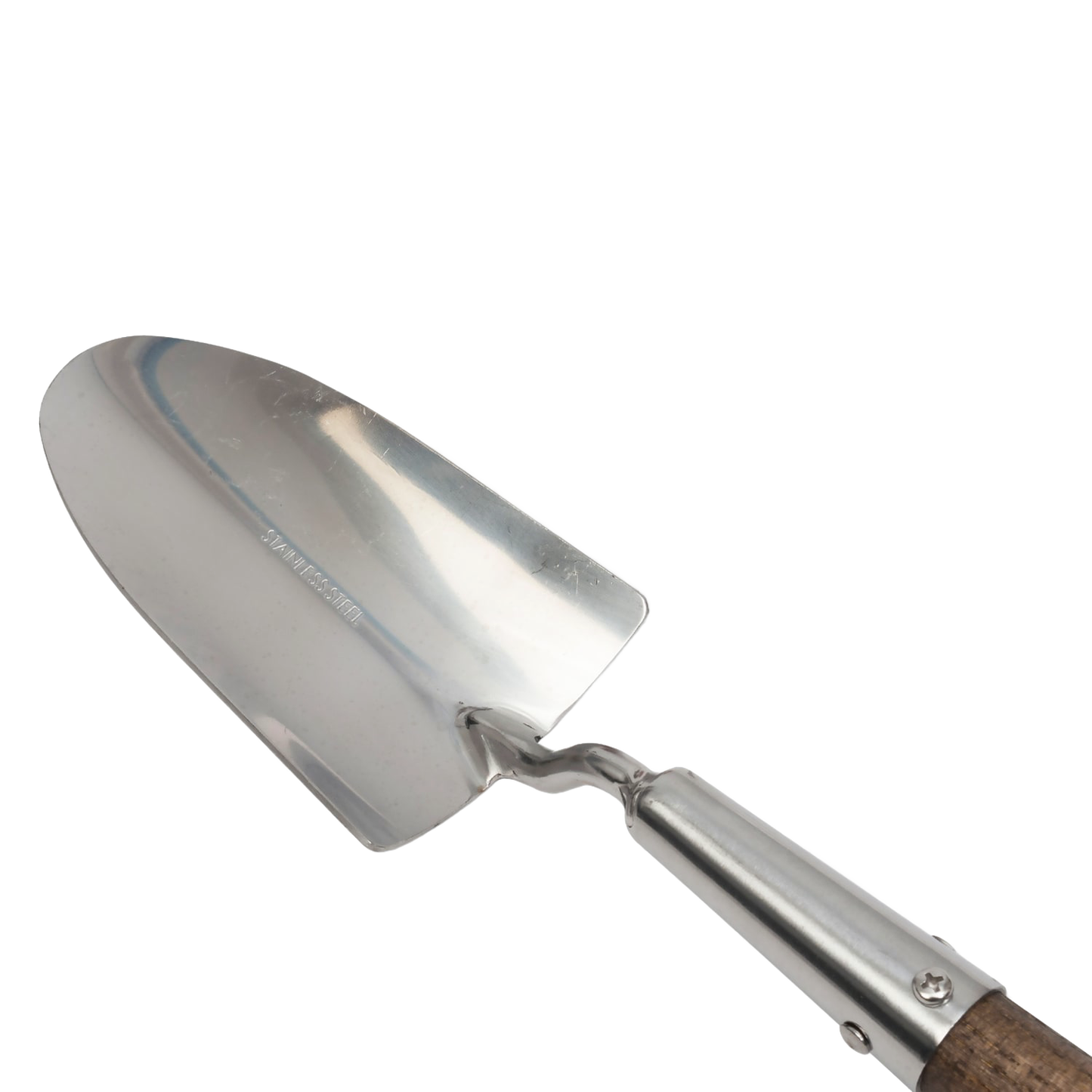 Mirror-polished stainless steel garden trowel head with twisted metal neck and weatherproofed wooden handle, crafted for digging and soil turning in Farm, Garden & Tool collections.
