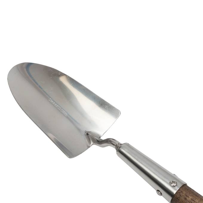 Mirror-polished stainless steel garden trowel head with twisted metal neck and weatherproofed wooden handle, crafted for digging and soil turning in Farm, Garden & Tool collections.