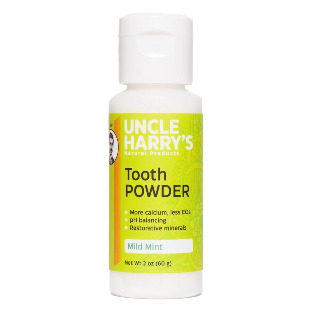 2 oz bottle of Uncle Harry’s Natural Tooth Powder in mild mint flavor, featuring pH balancing and restorative minerals, handcrafted and made in USA, ideal for Health & Wellness and Grooming collections